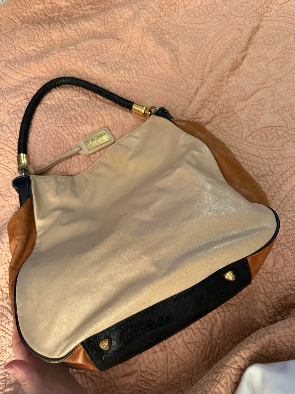 Badgley Mischka Cream, Tan and Black Leather Shoulder Bag